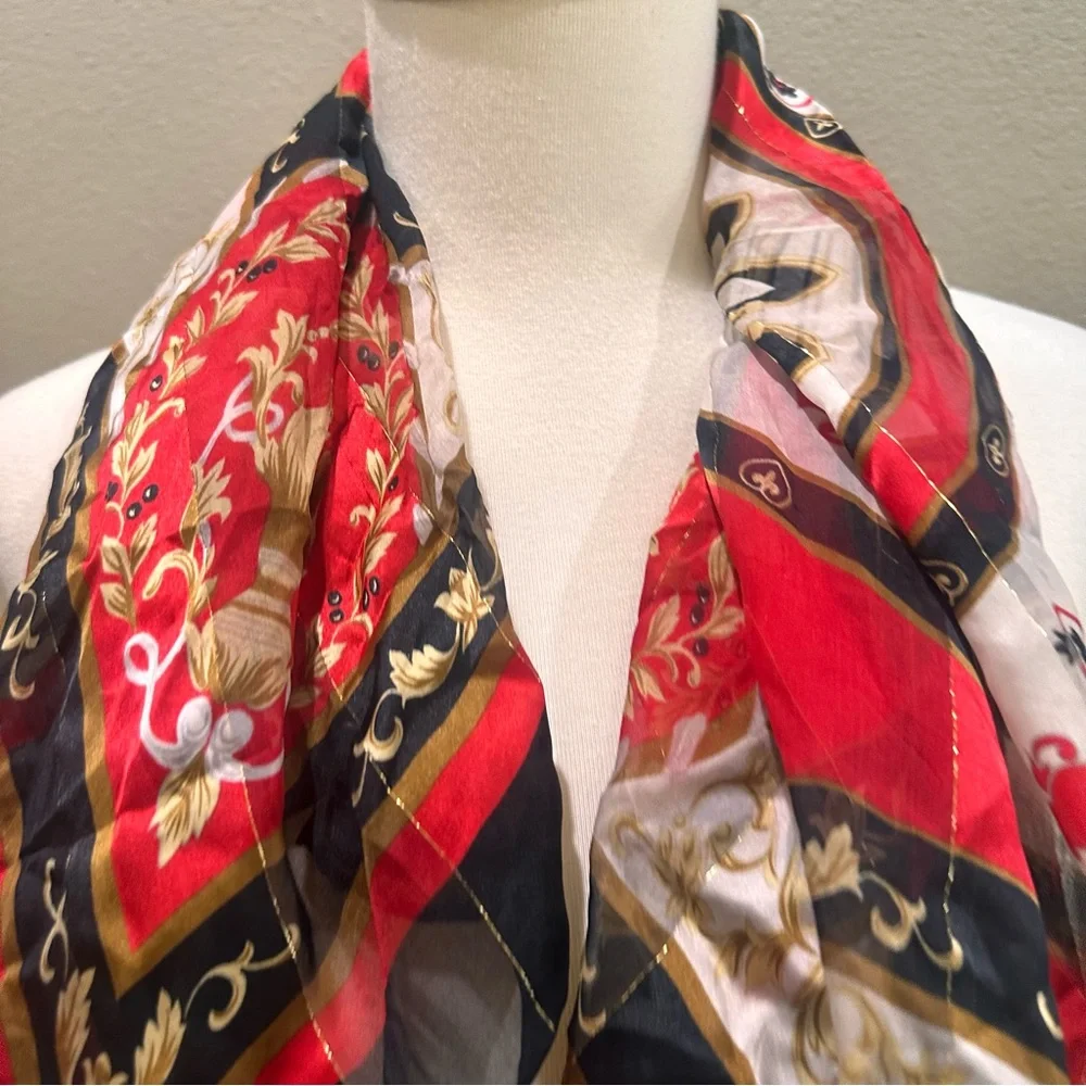Red and Black Women's Scarf Faux Silk Vintage Chains Gold Fall Neck